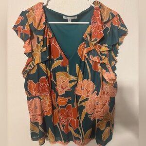 DR2 Teal and Orange Floral V-Neck Ruffle Blouse